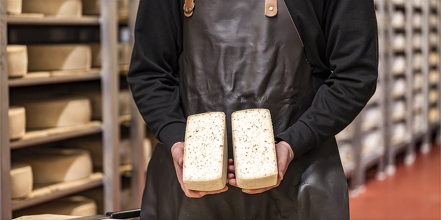 Due metà di Ortus davanti agli scaffali di stagionatura